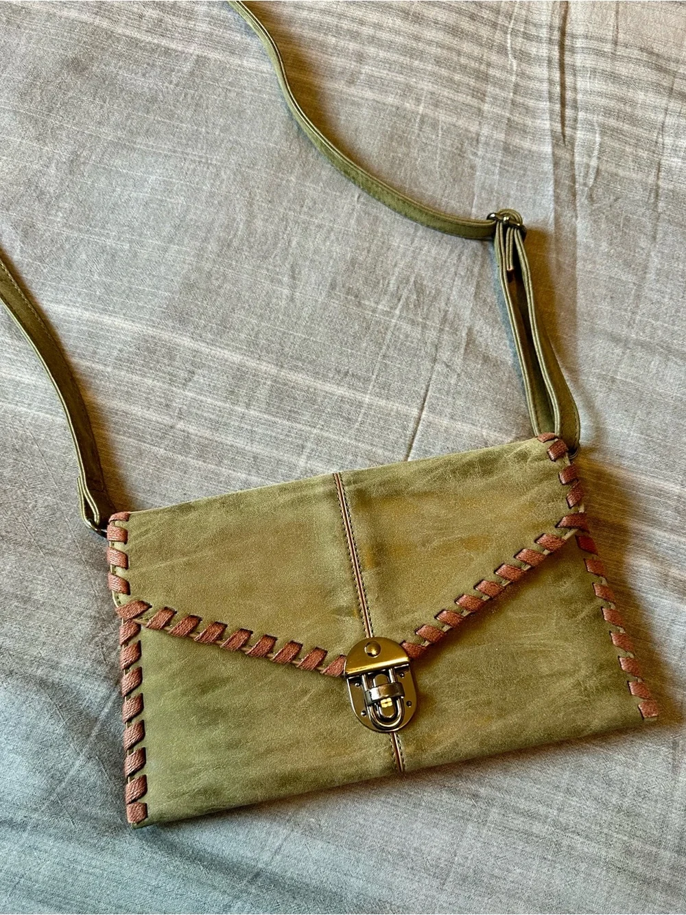 Sydney Love Olive Suede Crossbody with Brown Woven Trim